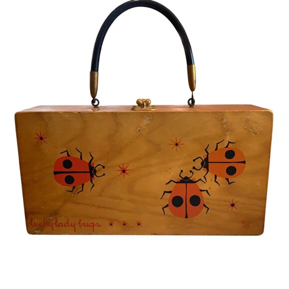 Enid Collins Lucky Ladybugs Wooden Box Bag Purse 1960s Vintage with Mirror - Picture 14 of 16